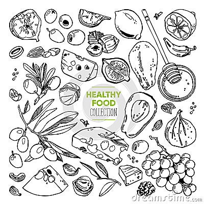 Hand drawn healthy food set. Italian and Mediterranean cuisine. Doodle vector. Vector Illustration